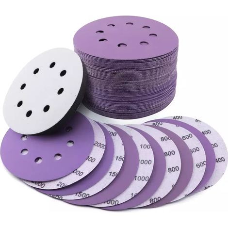 50 PCS disque abrasif, 125mm 8 trous avec velcro pour ponceuse excentrique, pour 10 x P60/80/120/180/240 Grain, Idéal pour Poncer/Polir