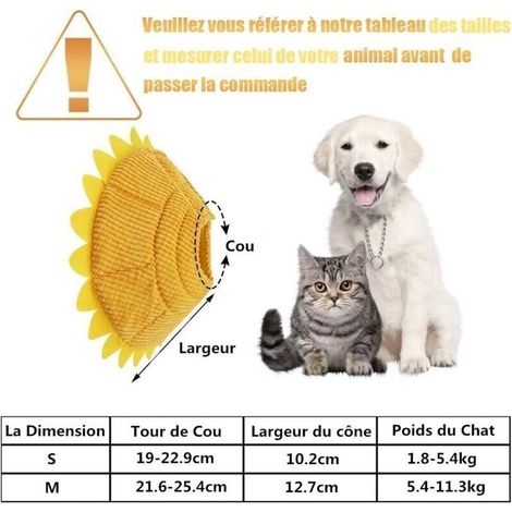 Collier anti-morsure réglable pour chiens et chats, collier de récupération confortable en forme de cône avec un adorable motif de tournesol jaune (S)