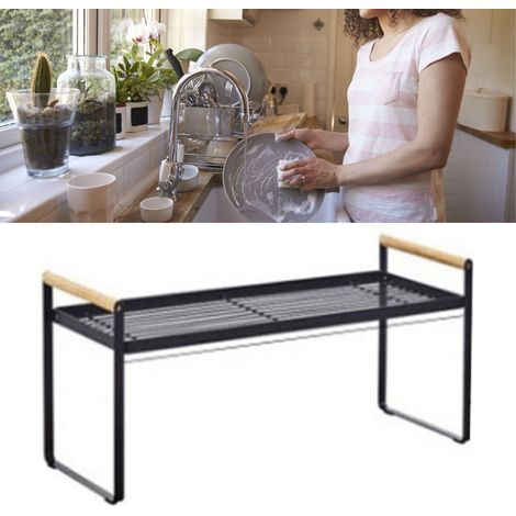 Multifunktionales, zweistöckiges schwarzes Küchenregal mit Holz- und Metallgestell zur Aufbewahrung von Gewürzen und Schüsseln (1/5)