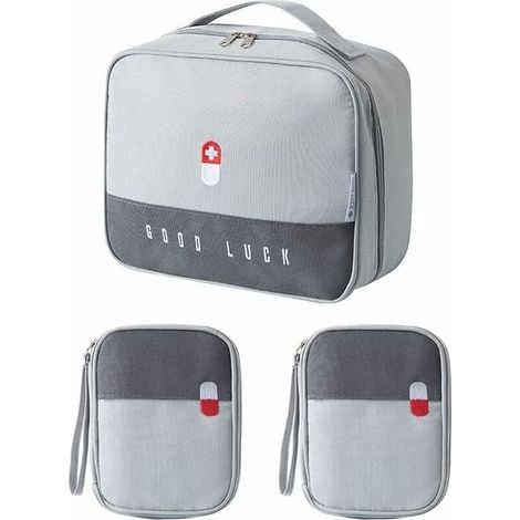 3-teilige Medikamentenaufbewahrungstasche, tragbares Erste-Hilfe-Set, Sanitätsbox, leeres Erste-Hilfe-Set, wasserdichte Notfalltasche für Zuhause, Reisen und Camping, Grau (1/5)