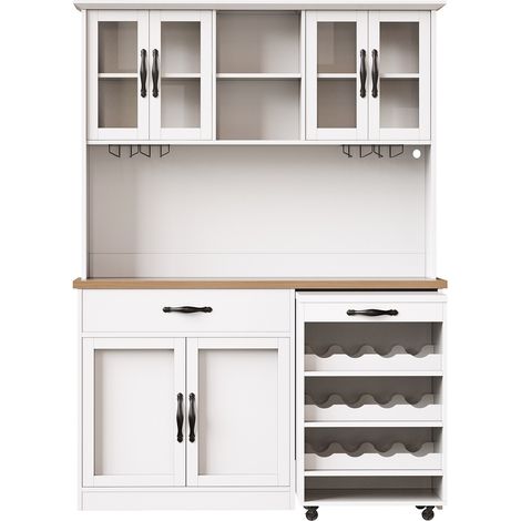 Buffet haut multifonction avec éclairage LED, chariot roulant amovible et rangement pour vin, 140 cm, MDF noir et plateau bois (1/5)