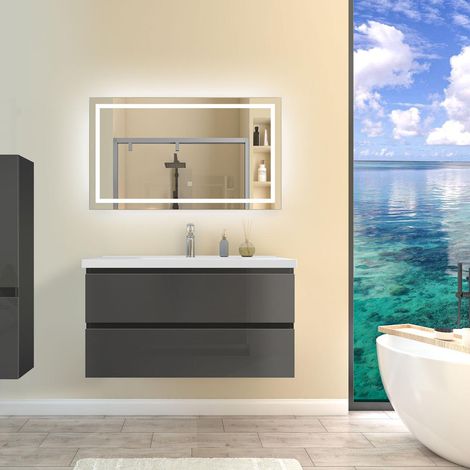 SKY 100cm Anthracite bathroom furniture set With 2 Soft-Close Drawers,ceramic basin+LED bathroom anti-fog mirror with 3 Lighting Modes (1/5)