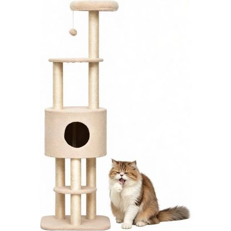 Albero tiragraffi per gatti in beige con sisal e cuccia multi livello MODENUIT (1/4)