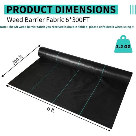 Bâche de Paillage Anti-Mauvaise Herbe Ultra-Résistante, Géotextile Tissé Imperméable aux Intempéries, 3,2 oz, 3x300 FT, 0,9 x 91 m (1/5)