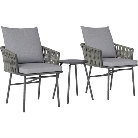 3-tlg. Rattan Bistroset, Sitzgruppe, Gartengarnitur mit 2 Gartensesseln, Couchtisch, abnehmbar Kissen, Balkonmöbel-Set für Garten, Terrasse, Stahl, Grau