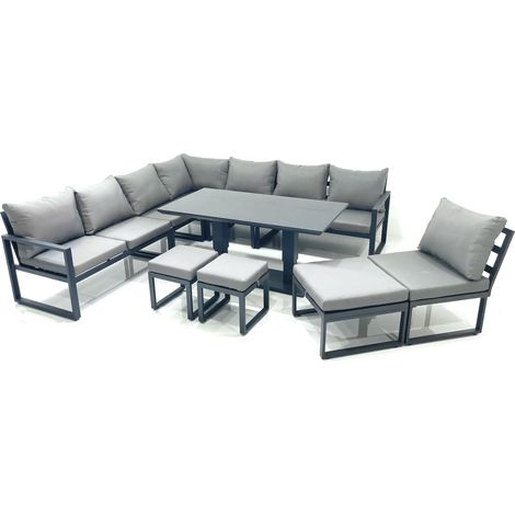 Fimous 11 Seater Outdoor Aluminum Garden Furniture Set Corner Sofa 3 Footstools Rising Lifting Dining Table Sets Dark Grey (1/5)
