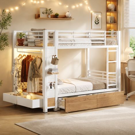 Lit superposé 90x200cm métal blanc MDF, Lit enfant ado avec 4 tiroirs, penderie, bande LED connectée et étagères, Sécurité certifiée EN747 (1/5)