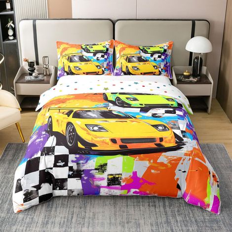 Coton Housse de Couette 220x240, Peinture À l'huile sur Véhicule Soft Parure de Lit, Impression D'Échiquier de Voiture Enfant Fille Chambre Literie Set, Orange Jaune Course Couvre Lit (1/5)