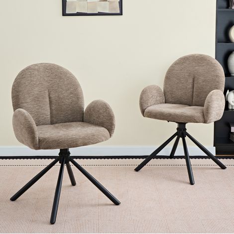 Juego de 2 sillas de comedor giratorias con reposabrazos, tapizado efecto terciopelo, chenilla, metal negro y taupe (1/5)