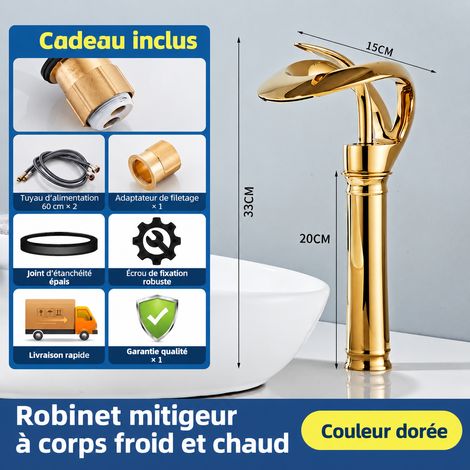 Robinet mitigeur lavabo cascade Doré haut cuivre pour vasque salle de bain eau chaude et froide raccord 1/2 – Livraison gratuite
