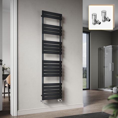 Elegant 1800 x 450mm Heated Towel Rail Black Radiator, Flat Panel Design Tower Hanger, Wall Mounted Ladder + Angled Radiator Valves (1/5)
