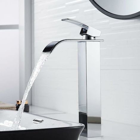 Robinet de lavabo cascade haut moderne, robinet de salle de bain élégant, robinet de lavabo en laiton à poignée unique avec eau chaude et froide (1/5)