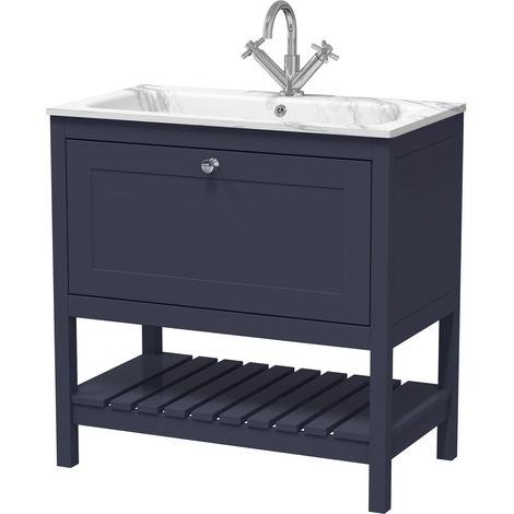 Coppenhall Contemporary 1 Drawer Floor Standing Vanity Unit with Stone Basin, Indigo Blue, 800mm