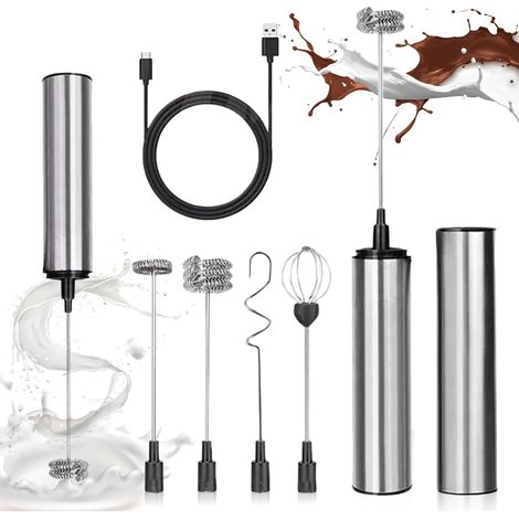 Mousseur à lait électrique avec 3 vitesses réglables en acier inoxydable et 5 fouets interchangeables en acier inoxydable - Mousseur électrique USB pour café crème (1/5)