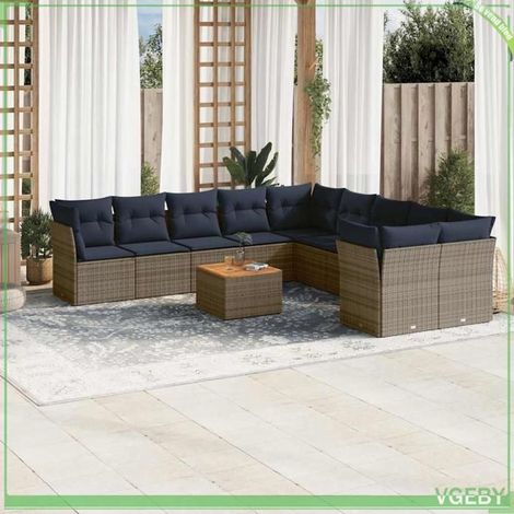 Salon de jardin - Ensemble modulable 11 pcs - Résine tressée gris - Coussins bleu marine déhoussables - Table acacia (1/5)