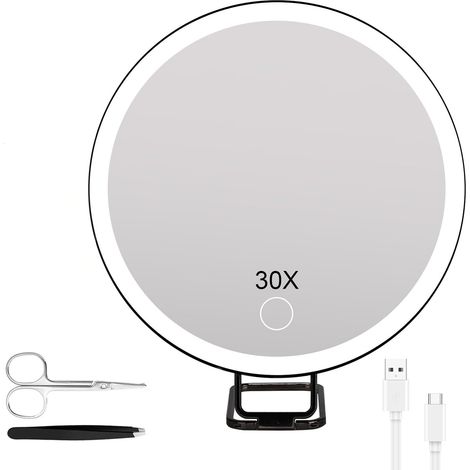 Miroir Grossissant X30 avec Lumière, Miroir Grossissant à Ventouse à Suspendre, 3 Couleurs de Lumière, Rechargeable par USB, Idéal pour Chambre à Coucher, Coiffeuse, Salle de Bain, Noir (1/5)