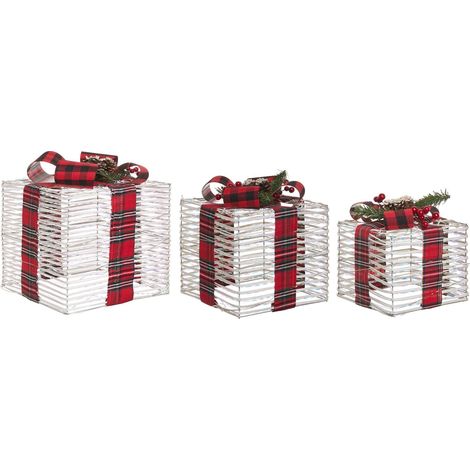 Set di 3 scatole regalo decorative natalizie con luci LED bianche calde, fiocchi e decorazioni festive per interni, bianco sporco Mangen (1/5)