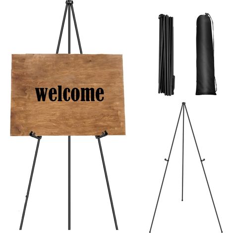 Chevalet réglable en métal noir avec sac à main portable, grande toile, adapté aux affiches de mariage, intérieures et extérieures