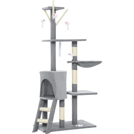 Albero Tiragraffi 60x35x134 cm Torre per Gatti con Casetta Trespolo Piattaforme e 4 Topolini in Legno Peluche e Sisal Grigio (1/5)