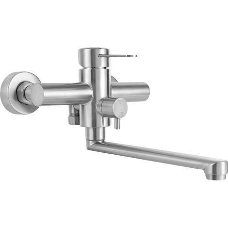 Grifo de cocina, giratorio 360°, de montaje en pared, de acero inoxidable, color plata. (1/2)