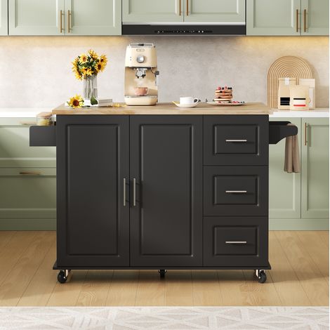 Îlot de cuisine 137x43(76)x92 cm noir en MDF avec plateau rabattable, rangements intégrés et roulettes (1/5)