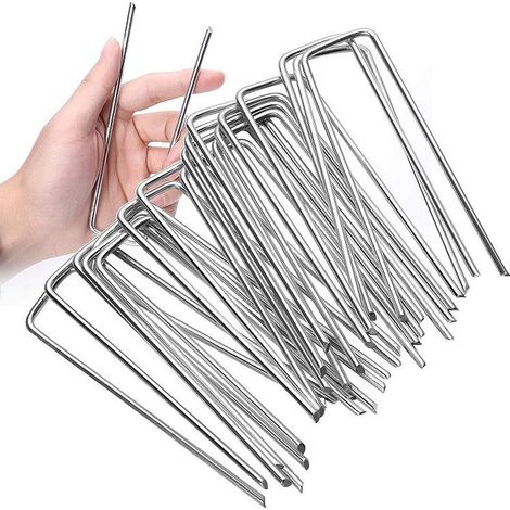 Lot de 50 piquets de fixation, acier argenté, 2,5 mm de diamètre, 15 cm de long, pour tente ou ancrage au sol dans le jardin. (1/5)