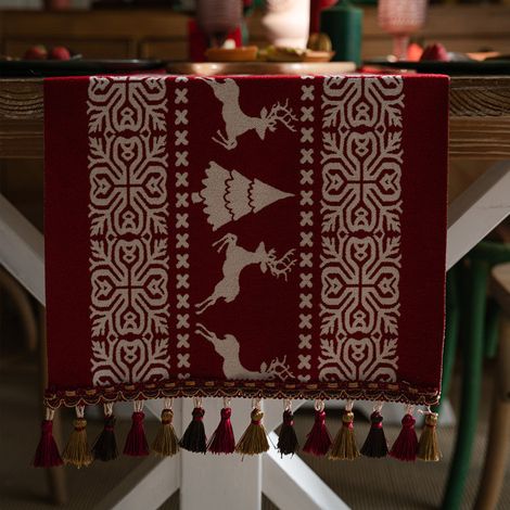 Camino de mesa navideño, mantel de algodón con borlas, ideal para el invierno (35 x 180 cm) (1/5)