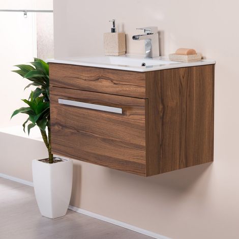 Walnut 600mm Wall Hung Vanity Sink Unit Drawer Basin Bathroom Furniture (1/5)