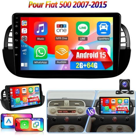 Apple CarPlay pour Fiat 500 (2007-2015) - Autoradio 9" 32/64 Go Android 15 avec GPS et Wi-Fi - 2+64G CAM
