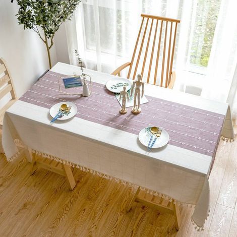 1 nappe de table rectangulaire, en coton et lin, broderie géométrique, finition gland, 60x60 cm, violet (1/5)