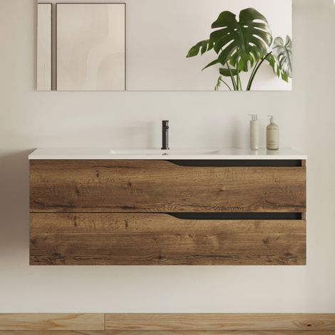 Meuble sous vasque seul, 2 tiroirs, 120cm, pour simple vasque - tabaco (chêne foncé) - LUNA