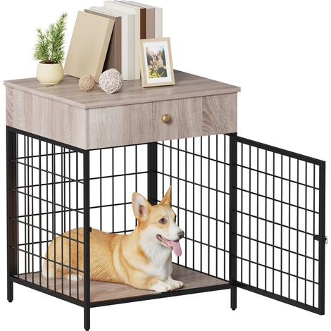 Table d'Appoint pour Chien avec Tiroir, Cage pour Chien Design en Acier Gris, Meuble 2-en-1 Anti-Morsure, Petit Chien jusqu'à 11 kg (1/5)