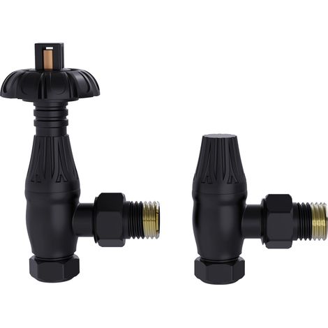 Traditional Thermostatic TRV Antique Design Angled Radiator Rad Valves Pair Black