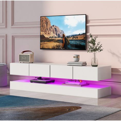 Mobile TV sospeso con LED, 4 cassetti, vano inferiore e controllo app Bluetooth, bianco, in MDF 130x33x15 cm, salvaspazio da parete  CHICFURN (1/5)