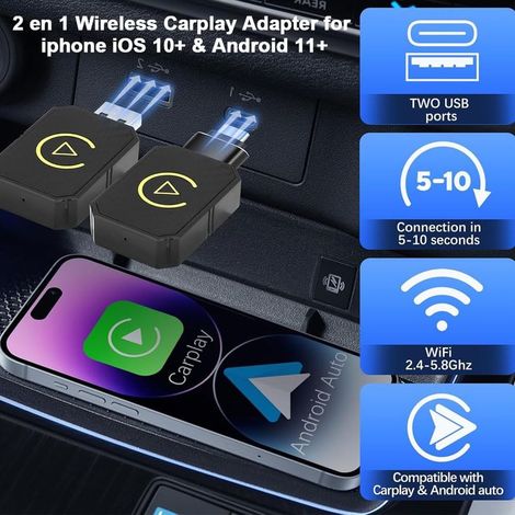 Kabelloser CarPlay-Adapter, 2-in-1-Adapter für iOS 10+ und Android 11+, USB-C-Adapter, kompatibel mit Fahrzeugen ab Baujahr 2016 (Schwarz) (1/5)