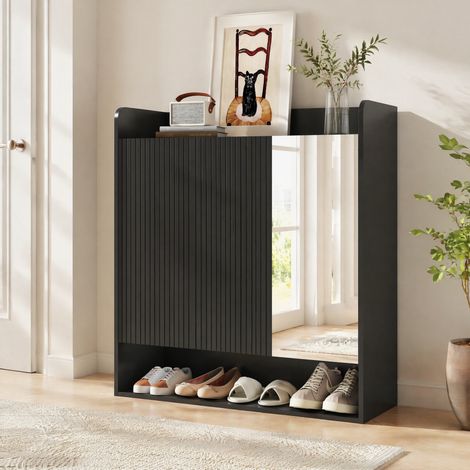 Meuble chaussures miroir 110 cm noir MDF OKMYHOME (1/5)