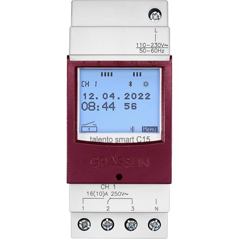 Grässlin 43.03.0001.1 talento smart C15 - Digitale Astro-Schaltuhr mit Bluetooth, App-Programmierung, Wochenprogramm und Gangreserve I 1-Kanal I 2TE I 500 Speicherplätze I Montage auf DIN-Schiene (1/5)