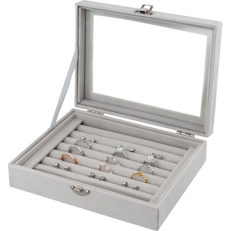 Boîte à bijoux, bague organiseur en velours avec couvercle transparent, 7 compartiments, pour ménages privés, bijouteries, magasins d'accessoires