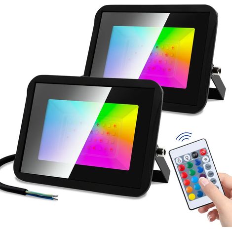 Clanmacy Lot de 2 projecteurs RGB 30 W avec télécommande, contrôle à 360°, 14 couleurs, 4 modes, éclairage décoratif, projecteurs RGB d'extérieur, étanchéité IP67 pour anniversaires, Noël, Halloween,  (1/5)