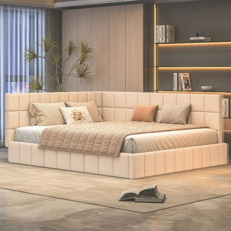 Polsterbett 160x200 cm Tagesbett mit Lattenrost und Rückenlehne, Multifunktionsbett Schlafsofa aus Samtstoff, 250 kg Belastbarkeit, Beige (1/5)