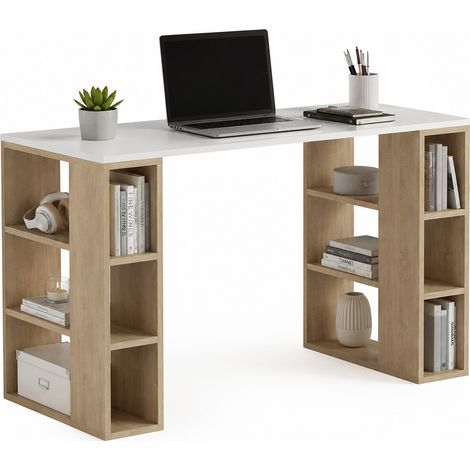 Scrivania Libreria 6 Ripiani Tavolo Porta Pc Computer Legno Casa Ufficio Quercia