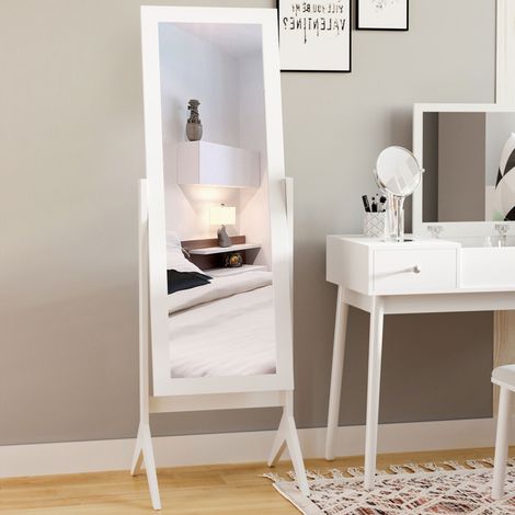 Miroir sur pied à quatre pieds et angle réglable. En bois et verre. 47 x 46 x 148 cm. Blanc.