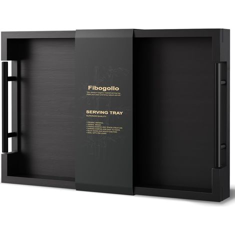 Plateau de service rectangulaire en bambou avec poignée en métal, 38 x 25 cm, pour petit déjeuner, vaisselle, boissons, taille moyenne (noir) (1/5)
