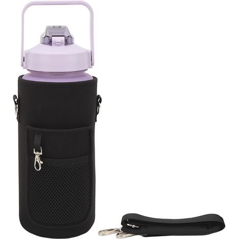 Tragbare 2000-ml-Sportwasserflasche, großes Fassungsvermögen für Fitnessstudio und Outdoor-Aktivitäten, mit Becherdeckel und Tragegurt, schwarz. (1/5)