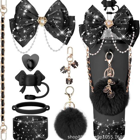 Ensemble d'accessoires bling pour gobelet isolé 20oz, 30oz et 40oz, avec embout paille en forme de nœud, couvercle, sangle de poignée en cuir et socle élégant, design noir et raffiné (1/5)