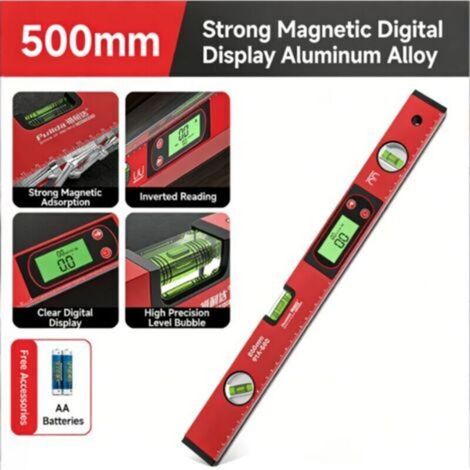 Niveau magnétique numérique de 50 cm avec 3 tubes à bulle haute visibilité, boîtier en aluminium, têtes de mesure robustes pour le nivellement, la verticalité et l'angle de 45°, précision +/- 0,5 mm.