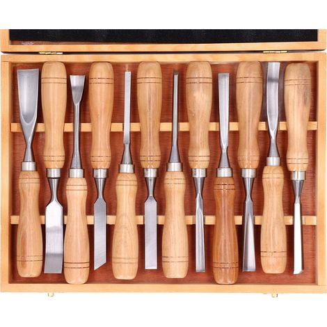 Lot de 12 gouges à sculpter bois lame acier chrome-vanadium manche hêtre coffret gravure artisanat (1/5)