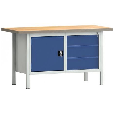Établi PW 700 l.1500xP700xH840 mm hêtre Multiplex gris clair, RAL 7035 bleu gentiane, RAL 5010 3 tir. 1 porte