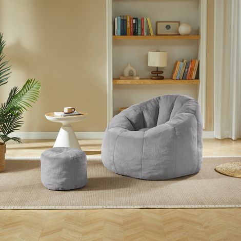 Poltrona pouf per adulti in peluche grigia con poggiapiedi, senza montaggio OKMYHOME (1/5)