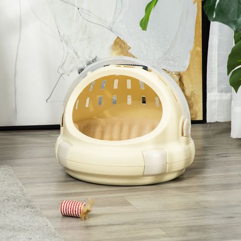 PawHut Caisse de transport niche pour chat maison pour chat portable panier lavable coussin amovible pour chat ou peitie chien nettoyage facile 41 x 41 x 35,2 cm beige